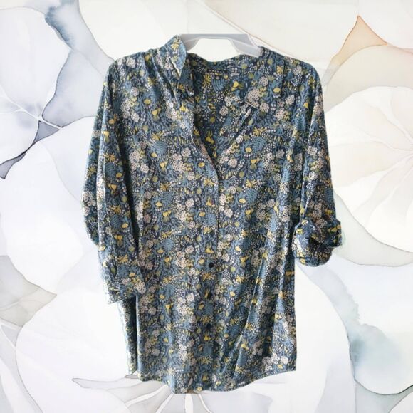 Blue Tan White FLORAL Top Size XL 16 - 18 Adjustable Sleeves - Picture 5 of 5